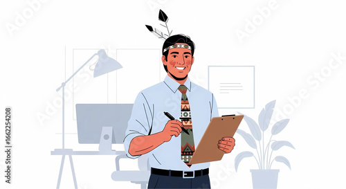 Modern professional integrating indigenous motifs into workplace attire creates a sense of cultural appreciation and individuality amidst corporate life