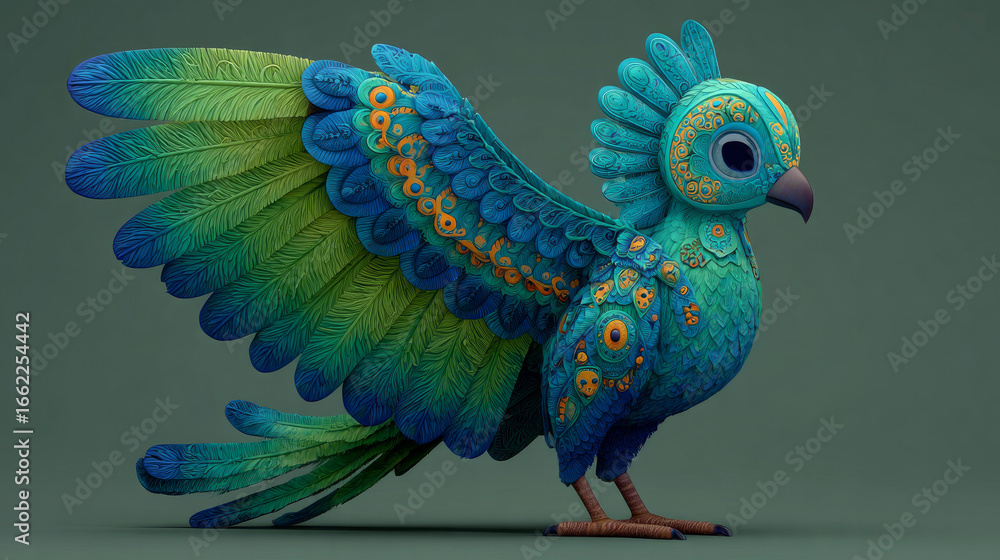 Obraz premium A vibrant, cartoon-like bird with green and blue plumage in 3D