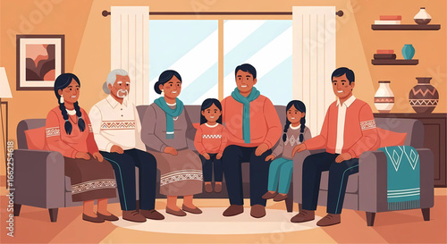 Warmth of familial bonds: A multi-generational family gathers in a cozy living room setting, fostering connections and creating lasting memories in a beautifully illustrated scene