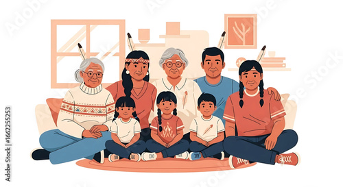 An endearing illustration of a multi-generational native american family gathering together at home showcasing cultural pride and family bonds, celebrating heritage and togetherness