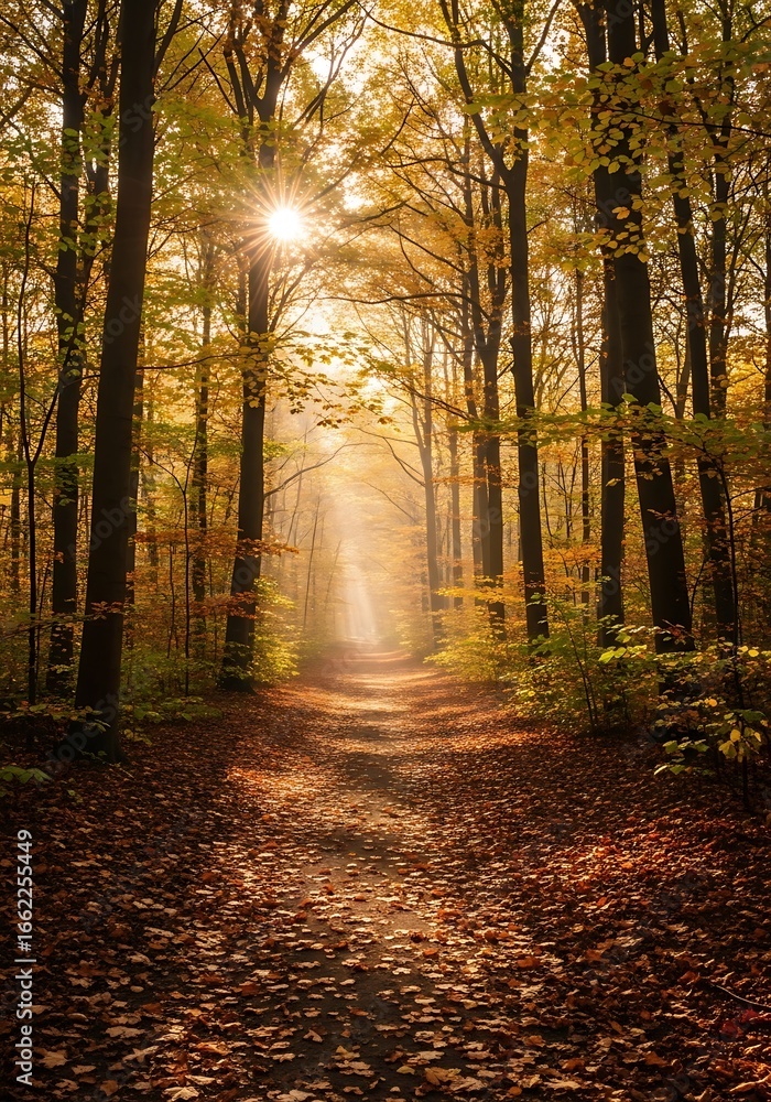 Naklejka premium Sunlight path through autumn forest