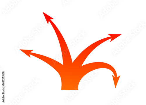 Bold arrows in red and orange gradients reflect strategy through split and curved motion effects.
