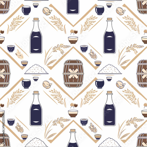 A repeating seamless pattern of Japanese sake elements including bottles, cups, wooden barrels, and rice.