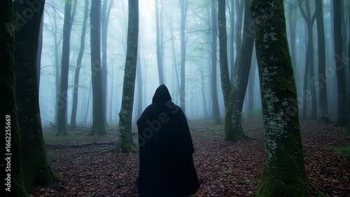 Mysterious figure shrouded in fog in a dense forest
