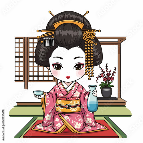 A cute cartoon geisha in a pink kimono kneels to serve sake in a traditional Japanese room.