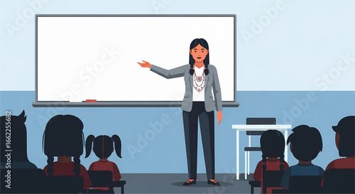 Engaging classroom scene featuring a teacher guiding students through a lesson with a focus on interactive learning and inclusivity promoting a positive educational atmosphere