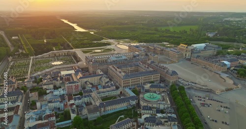 Aerial view of Palace of Versailles and the gardens surrounding it, France