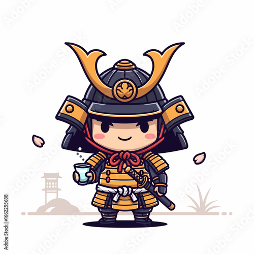 An adorable chibi samurai in traditional Japanese armor and kabuto helmet, holding a teacup amidst falling cherry blossom petals.