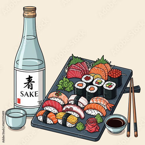 An illustrated platter of assorted Japanese sushi, sashimi, and maki rolls with a bottle of sake.