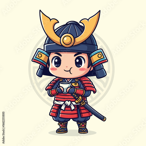 A cute chibi illustration of a young Japanese samurai warrior in full armor, happily holding a small cup of tea.