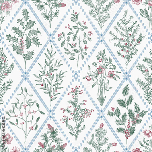 Floral trellis. Seamless vector pattern. Winter flora. Green, blue and red.