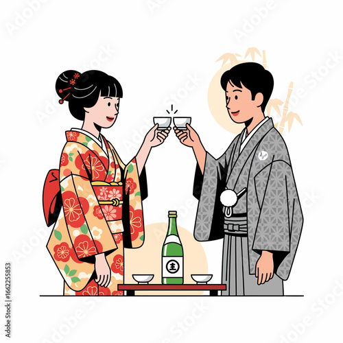 A young Japanese couple in traditional kimonos toasting with small sake cups.