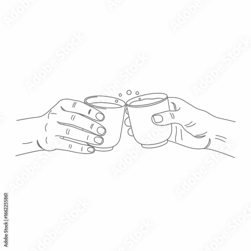 A simple line drawing of two hands making a celebratory toast with small cups.