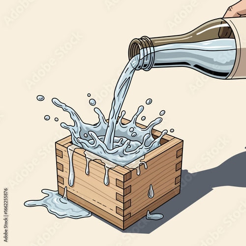 A hand pouring clear sake from a glass bottle into a traditional wooden masu cup, causing it to splash and overflow.