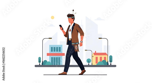 A modern Native American man is depicted walking in a cityscape while using his smartphone, showcasing a blend of traditional heritage and contemporary life on a digital era
