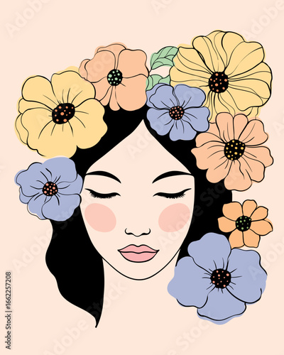 Cute girl face with pastel flowers, colorful and trendy line art style.
