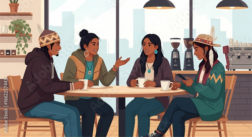 A Vibrant Gathering of Native American Friends Enjoying Coffee and Conversation at a Modern Cafe in the City During a Leisurely Afternoon