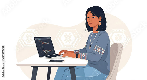Focused female coder working on a laptop with an abstract graphic background highlighting modern creative workplace and digital lifestyle pursuing professional endeavors