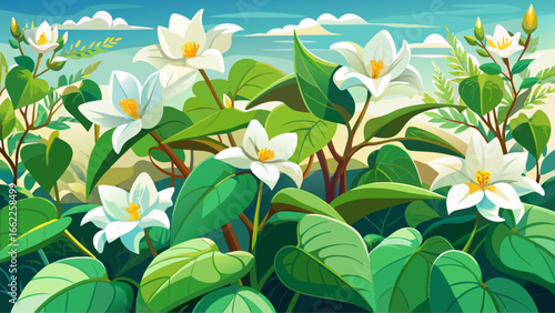 Fresh white flowering Houttuynia cordata plant spreads gracefully in panoramic view, delicate blossoms glowing, vibrant foliage thriving, natural harmony unfolding, serene botanical elegance captured,