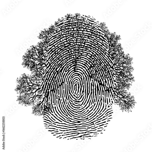 Conceptual vector illustration of a fingerprint merging with tree branches
