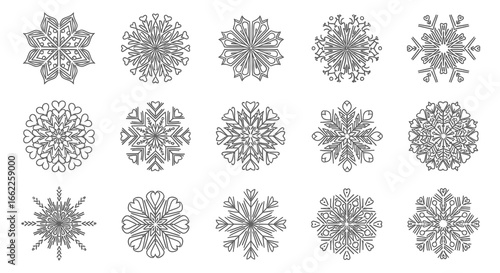 Vector collection of circular geometric ornaments. A beautiful set of isolated intricate snowflake and mandala style design elements
