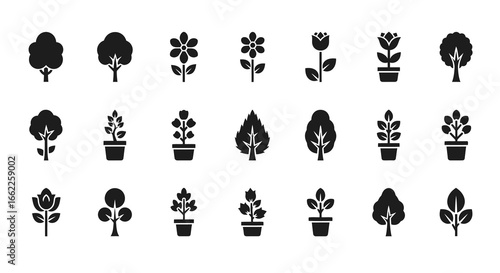 A diverse collection of minimalist black glyph icons, showcasing various trees, flowers, and potted plants in a simple flat silhouette style for universal design