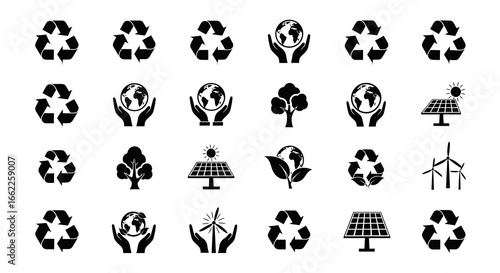 Eco-friendly vector icon pack featuring recycling symbols, solar power, and wind energy for sustainable design concepts