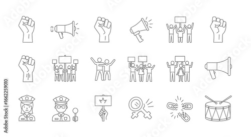 Collection of Line Icons Depicting Protest, Demonstration, and Activism with Various Symbols