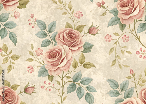 Wallpaper Mural Vintage pink roses and green leaves floral pattern on textured beige background image Torontodigital.ca