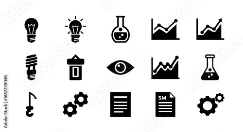 Versatile set of solid black glyph icons representing concepts of innovation, science, data analysis, and business processes