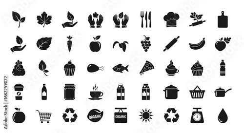 Diverse Icon Set for Sustainable Living, Food and Healthy Lifestyle with Minimalist Illustrations