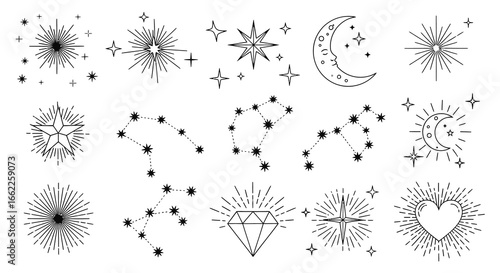Celestial Icons A Collection of Stars, Constellations, Crescent Moons, and Sparkling Diamonds