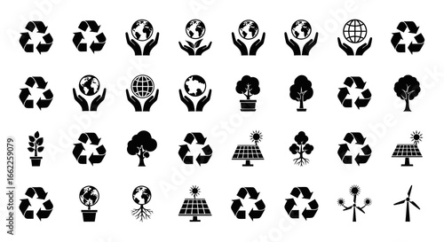 Collection of icons representing environmental protection, recycling, and sustainability in a monochrome style