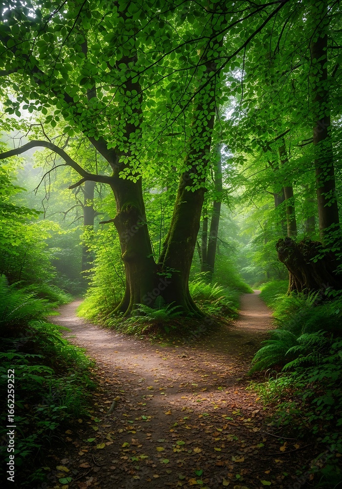 Obraz premium Lush forest path fork