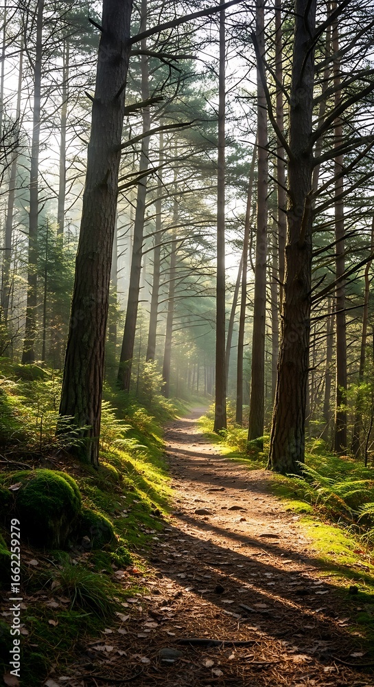 Obraz premium Sunlit path through a tranquil forest