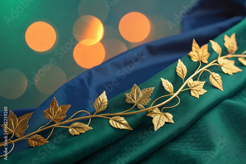 Golden ivy vine on draped green and blue fabric leaves