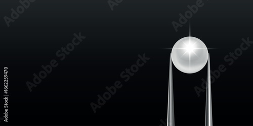 Vector Jewelry Tweezers Holding Pearl on Black Background. Luxury Pearl Jewelry Banner. Elegant Pearl Vector Template for Jewelry Store, Fashion Accessory, Gemstone Design, Precious Stone Decoration