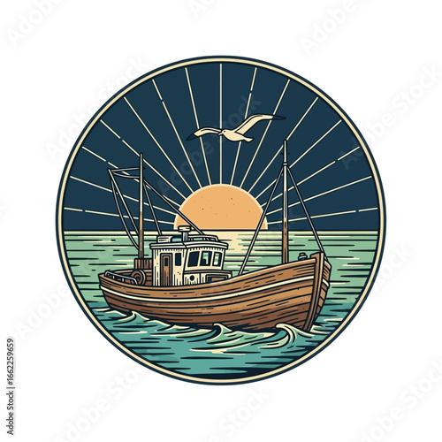 A vintage-style illustration of a fishing boat at sunset, sailing peacefully on calm ocean waves, with a seagull in flight overhead.