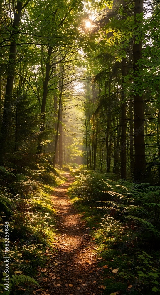 Obraz premium Sunlight path through lush forest