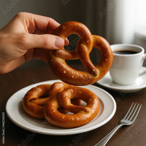 Hand holding freshly baked pretzel with coffee on wooden table setting