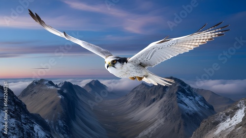 A majestic bird soaring through the sky above the mountains, the wings are widespread, capturing the freedom of the sky and the serenity of the mountains