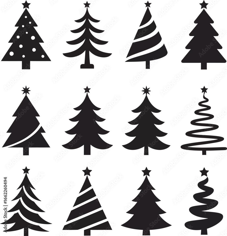 Festive Black Christmas Tree Silhouette Pack, Elegant Black Christmas Tree Silhouette Collection, Winter Holiday Vector Designs, set of Christmas trees