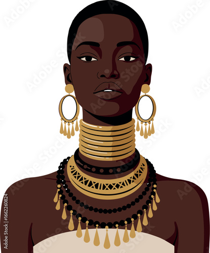 Illustration of a woman with dark skin and elaborate gold jewelry on transparent background