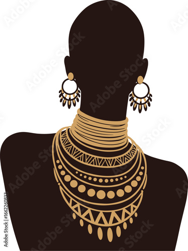 Silhouette of a woman with golden jewelry on transparent background