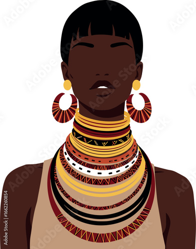 Illustration of a dark-skinned woman with traditional african jewelry on transparent background