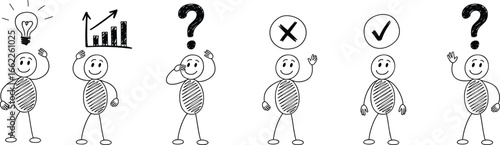 Cartoon Stickman Character Decision Making Icons – Idea, Growth, Confusion, Right and Wrong Symbols, Business Thinking Doodle Concept for Strategy and Solutions