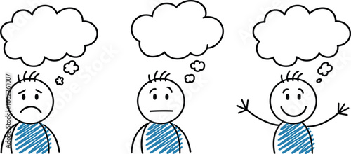 Cartoon Stickman Emotional Expression Set – Sad, Neutral, Happy Faces with Thought Bubbles, Doodle Character Mood Concept for Psychology, Therapy, Mental 