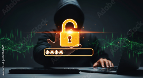 Hacker trying to access data on a laptop. A conceptual shot of digital security. Internet crime, data theft.