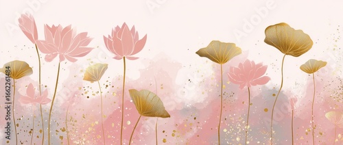 Abstract lotus flower line art background in soft pastel pink and gold colors, an elegant and simple design with lotus silhouettes Generative AI