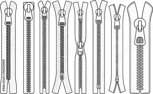 Zipper front view technical flat sketches, detailed CAD drawing, fashion accessory vector template, garment hardware illustration for sewing design